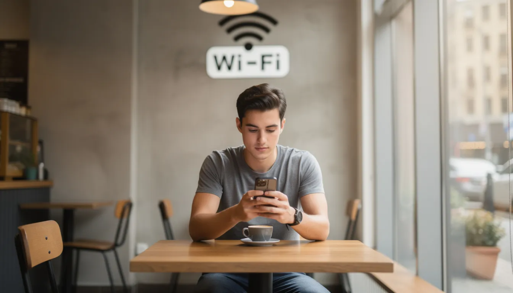 Na obrazie widoczna jest osoba korzystająca ze smartfona w kawiarni, z logo Wi-Fi w tle, co sugeruje możliwość korzystania z publicznej sieci Wi-Fi. Użytkownik może rozważać użycie aplikacji VPN, aby chronić swoją prywatność podczas przeglądania internetu.